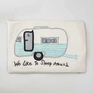 Cotton Lumbar Pillow w/ Embroidered Camper & Piping