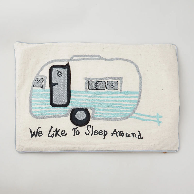 Cotton Lumbar Pillow w/ Embroidered Camper & Piping