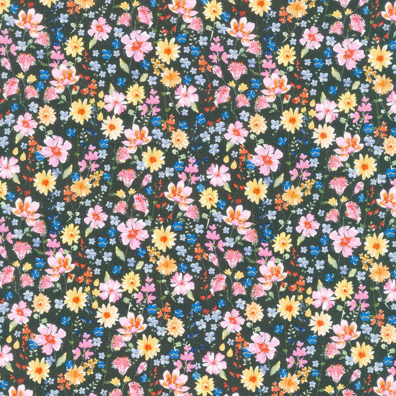 A Hummingbird's Charm - Wildflowers Black Yardage