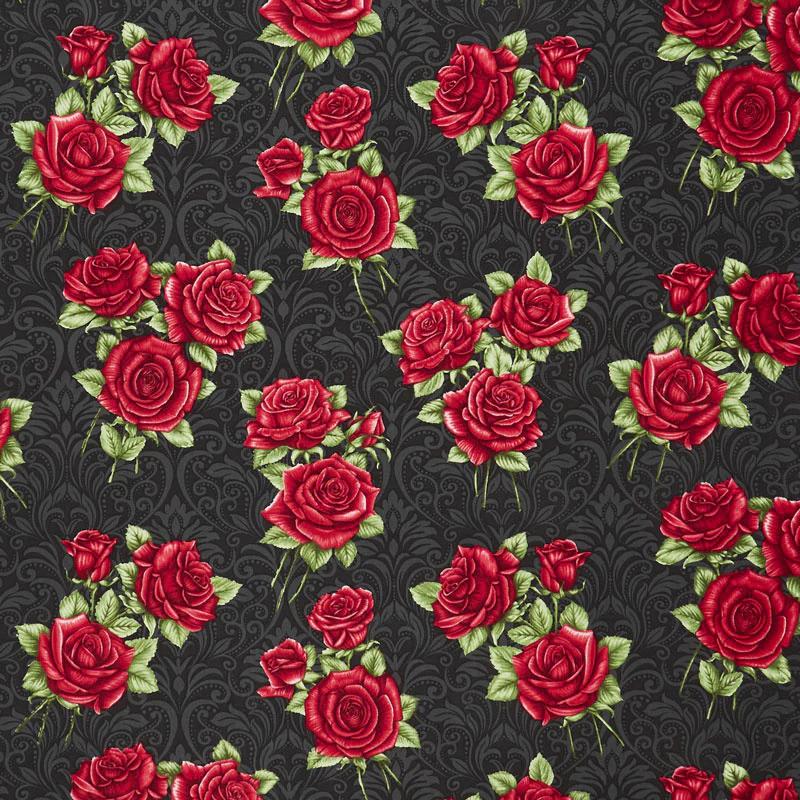 A Festival of Roses - Festive Damask Roses Black Yardage