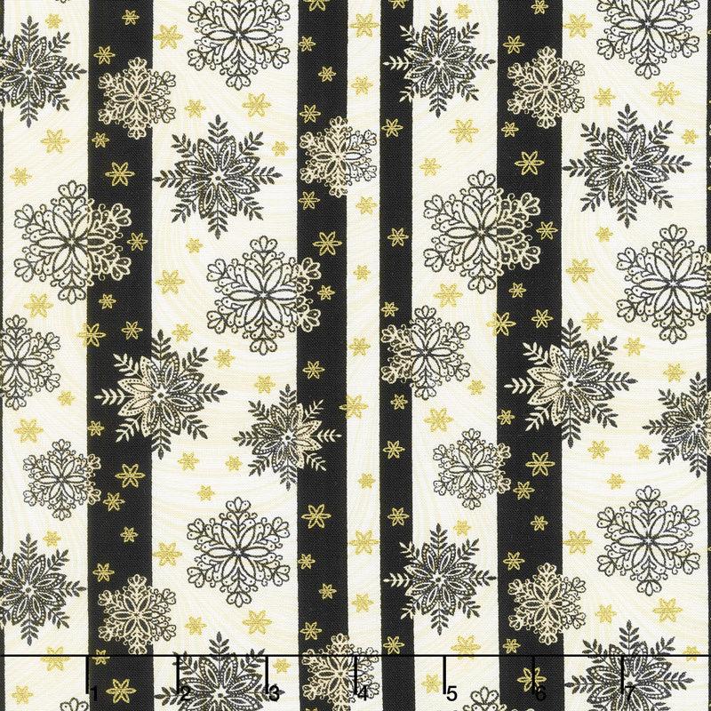 A Festive Season ll - Snowflake Stripe Black/Cream Metallic Yardage