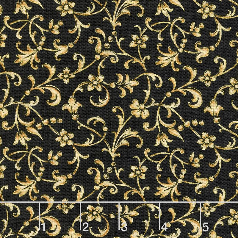 A Joyful Season - Flower Scroll Black Metallic Yardage
