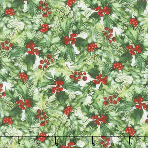 A Poinsettia Winter - Holly Berries Red Green Yardage