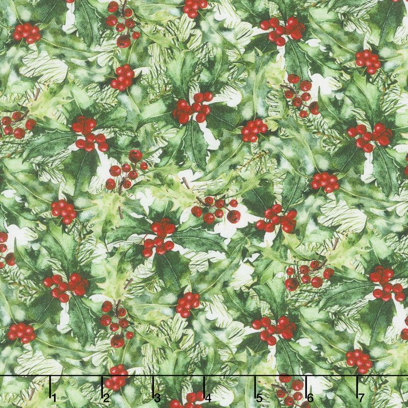 A Poinsettia Winter - Holly Berries Red Green Yardage