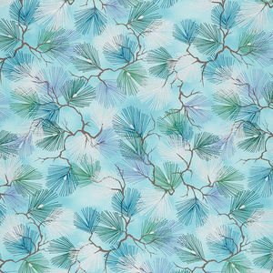 A Walk on the Path - Teal Pine Branches Metallic Yardage