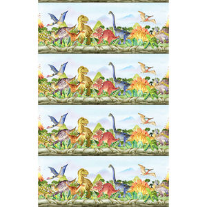 Dinosaur Friends - Dino Border Stripe Multi Yardage