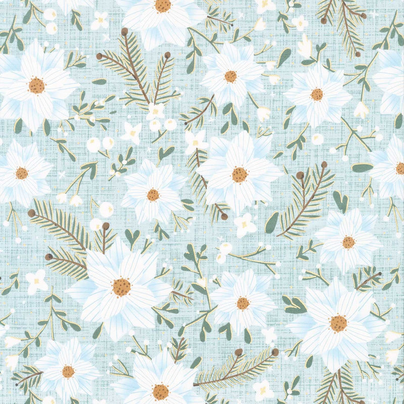 Winter Dreams - Winter Flower Mint Metallic Yardage