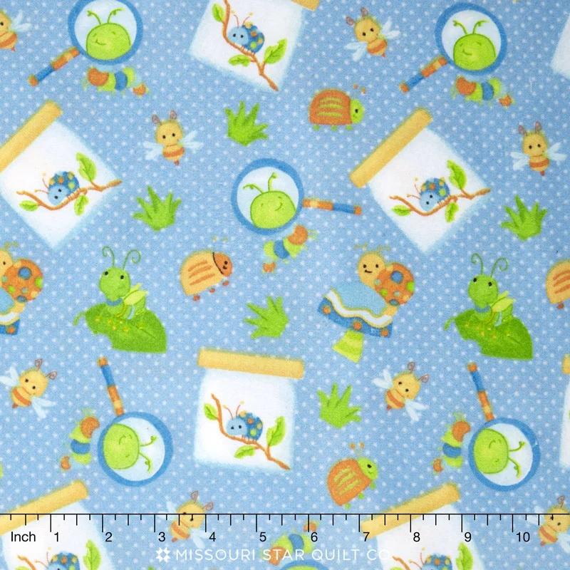 Cuddle Bugs - Tossed Bugs Blue Flannel Yardage