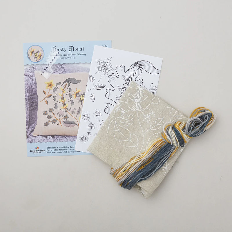 Dusty Floral Crewel Embroidery Pillow Kit