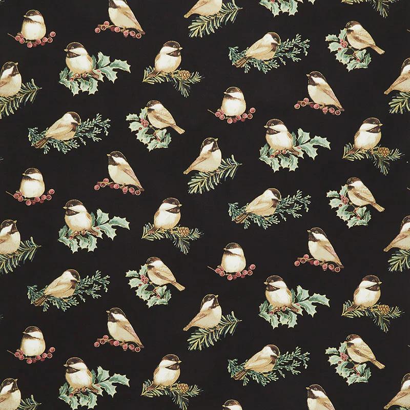 Winter Elegance - Winter Chickadees Black Metallic Yardage