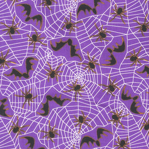 Witchful Thinking - Spiderwebs, Spiders & Bats Purple Yardage