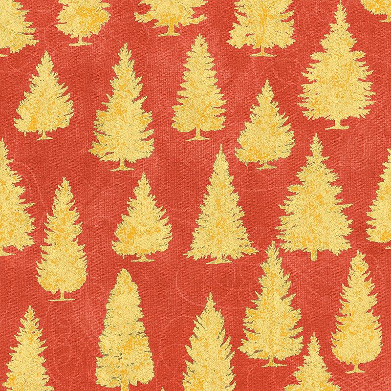 Winter's Grandeur 8 - Holiday Pine Trees Red Metallic Yardage