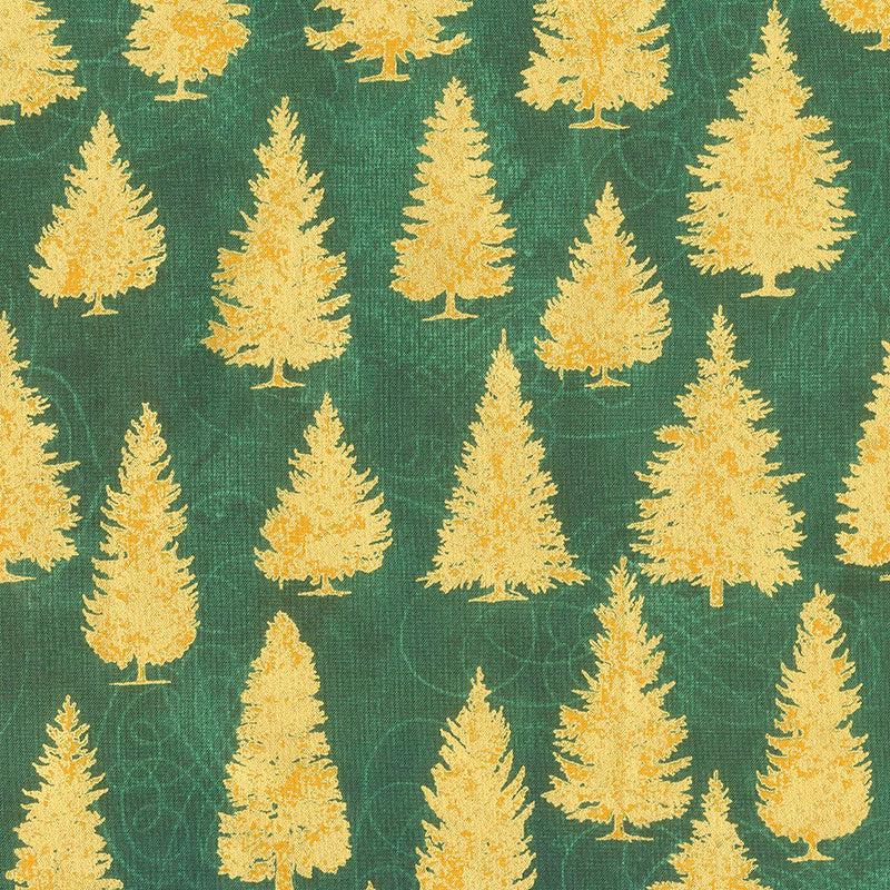 Winter's Grandeur 8 - Holiday Pine Trees Green Metallic Yardage