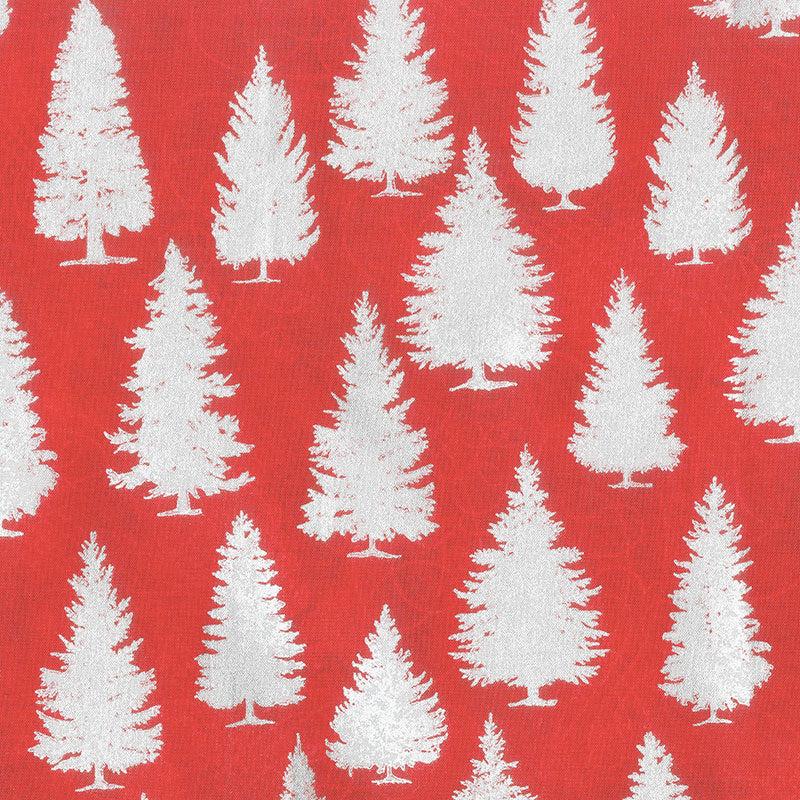 Winter's Grandeur 8 - Silver Pine Trees Scarlet Metallic Yardage