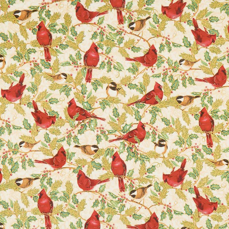 Winter's Grandeur 8 - Holiday Birds Leaves Metallic Yardage