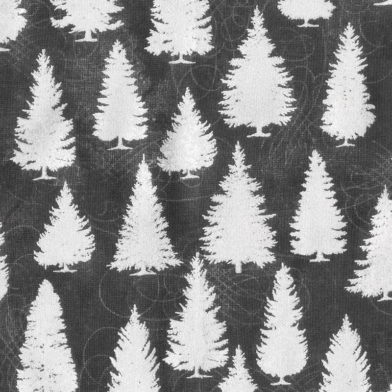 Winter's Grandeur 8 - Silver Pine Trees Ebony Metallic Yardage