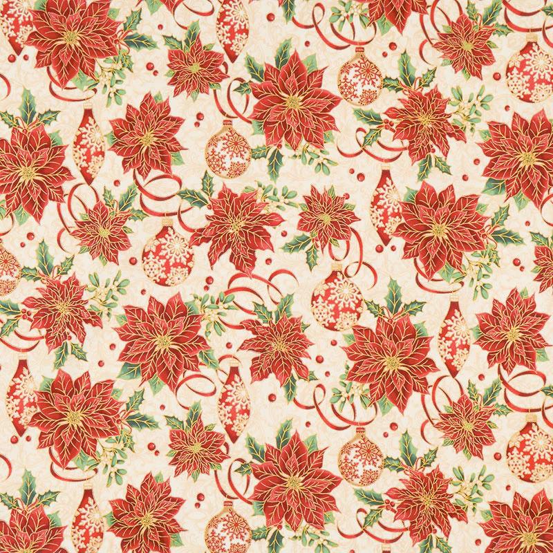 Winter's Grandeur 8 - Holiday Ornaments Poinsettias Metallic Yardage
