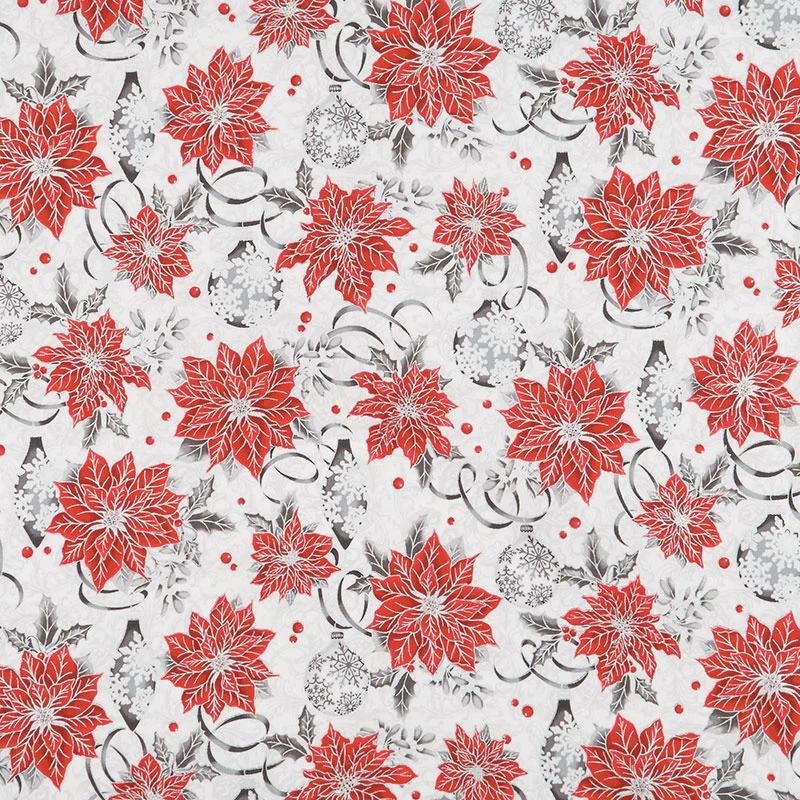 Winter's Grandeur 8 - Silver Ornaments Poinsettias Metallic Yardage