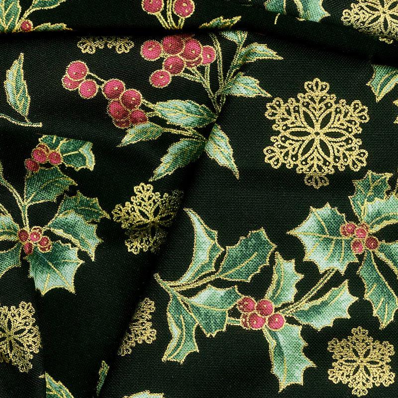 Festive Chickadee - Festive Holly Toss Black Metallic Yardage