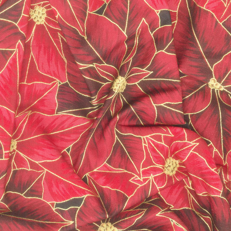 Holiday Flourish - Festive Finery Candy Cane Colorstory Poinsettias Cranberry Metallic Yardage