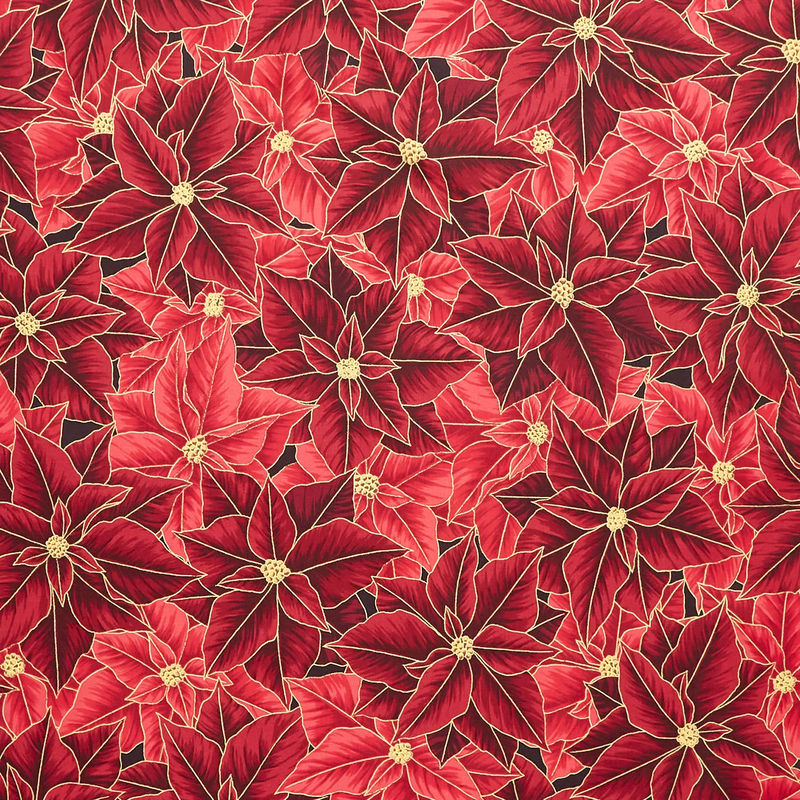 Holiday Flourish - Festive Finery Candy Cane Colorstory Poinsettias Cranberry Metallic Yardage