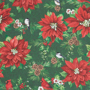 Yuletide Traditions - Poinsettia Birds Green Multi Yardage