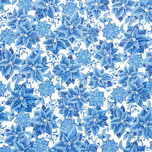 Holiday Flourish - Festive Finery Blue Colorstory Poinsettias Delft Metallic Yardage
