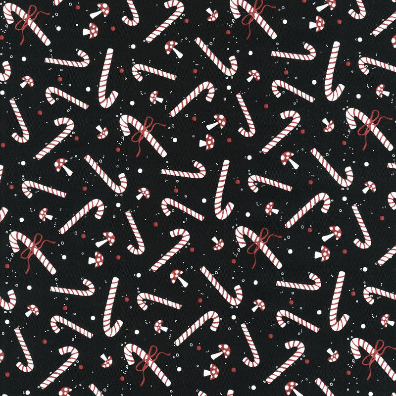 Our Gnome To Yours - Candy Canes and Mushrooms Black Yardage