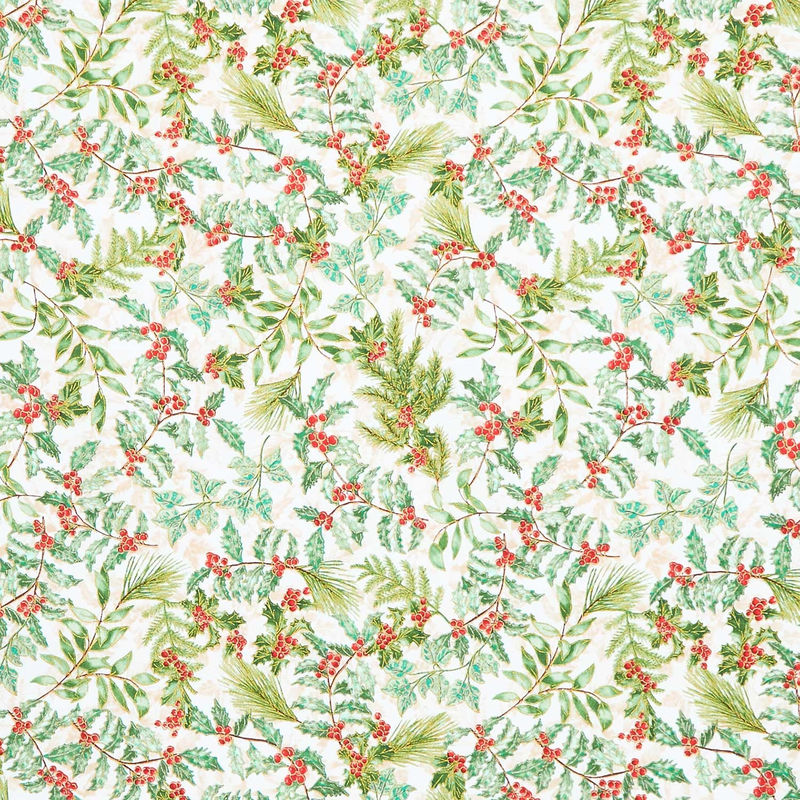 Christmas Musical - Holly and Berries Cream Metallic Yardage