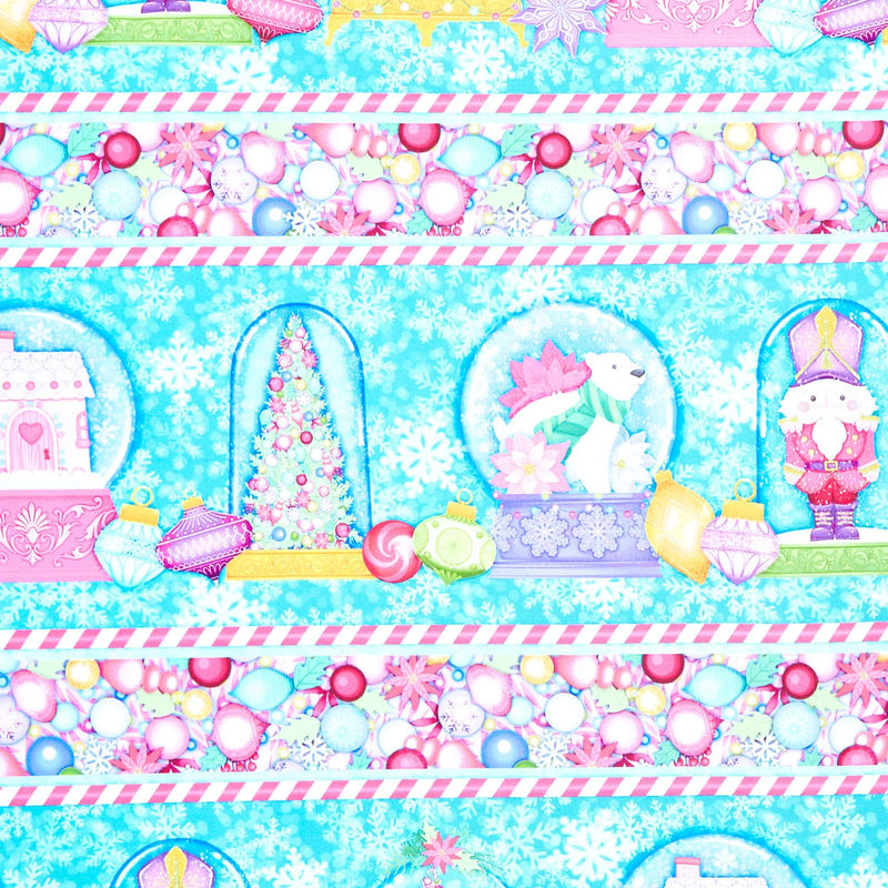 Merry and Bright - Snow Globe Border Stripe Teal Multi Yardage