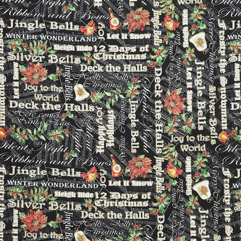 Christmas Musical - Joyous Words Black Metallic Yardage