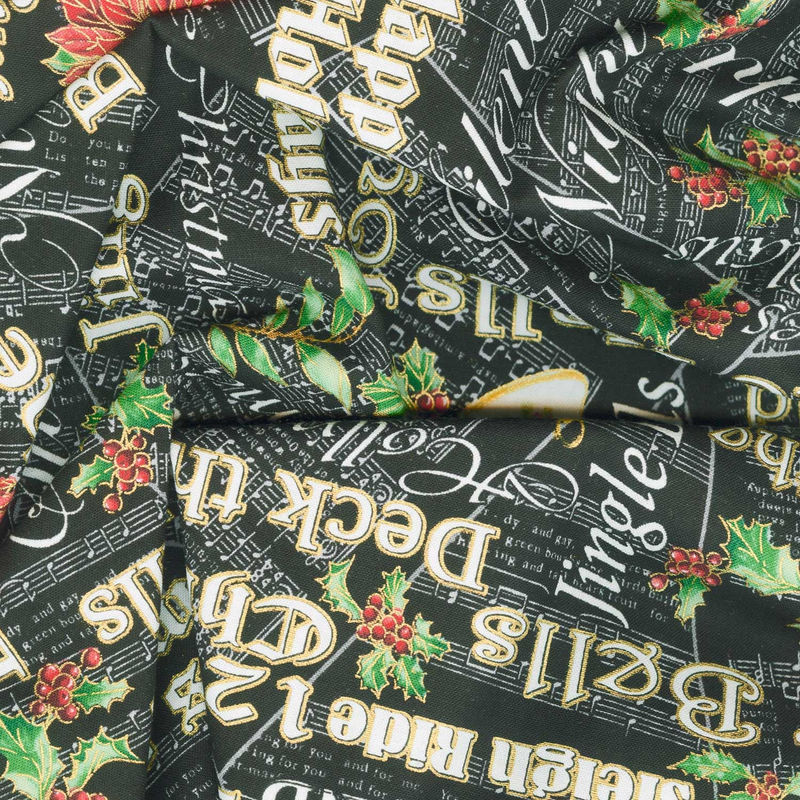 Christmas Musical - Joyous Words Black Metallic Yardage