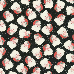Christmas Memories - Tossed Santas Head And Dots Black Yardage