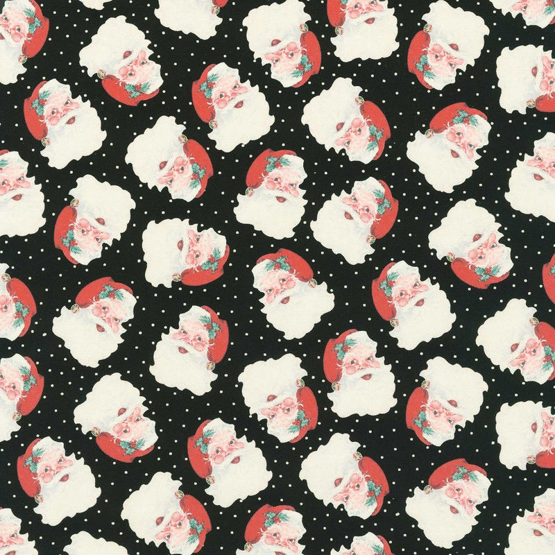 Christmas Memories - Tossed Santas Head And Dots Black Yardage