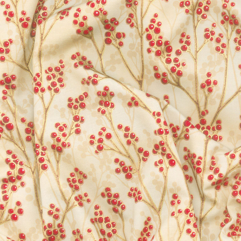 Holiday Flourish - Festive Finery Berries Cream Metallic Yardage