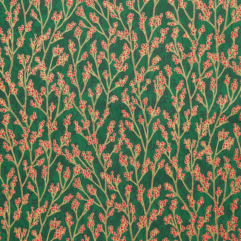 Holiday Flourish - Festive Finery Spearmint Colorstory Berries Pine Metallic Yardage