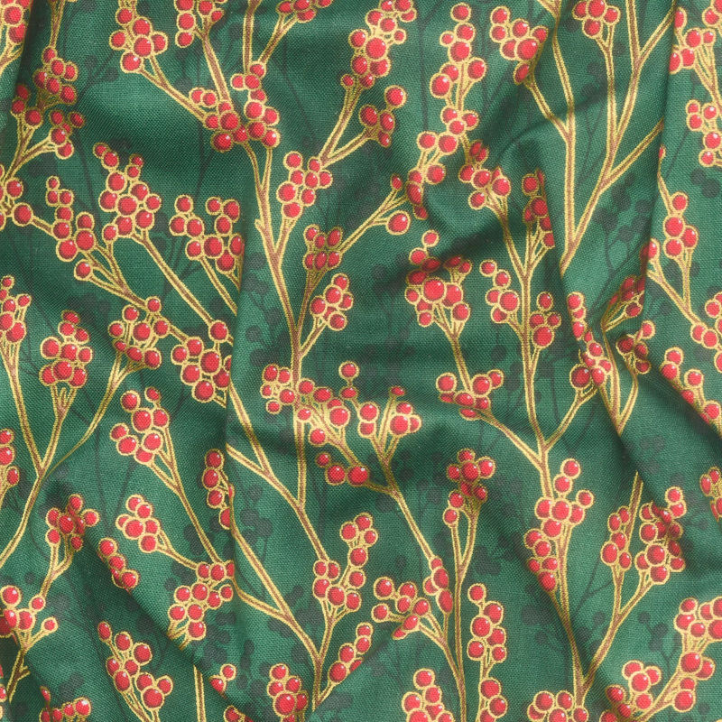 Holiday Flourish - Festive Finery Spearmint Colorstory Berries Pine Metallic Yardage