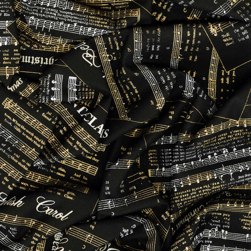 Christmas Musical - Holiday Songs Black Metallic Yardage