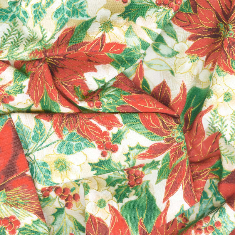 Christmas Musical - Poinsettia Serenade Cream Metallic Yardage
