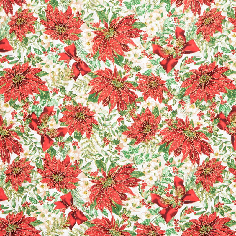 Christmas Musical - Poinsettia Serenade Cream Metallic Yardage