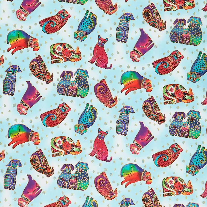 Kindred Canines - Tossed Dogs LIght Aqua Metallic Yardage