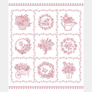Garden Redwork - Redwork Floral White Panel