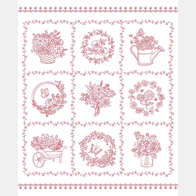 Garden Redwork - Redwork Floral White Panel